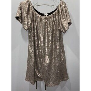 Y2K Glam Disco Gold Sequin Shift Dress Scoop Neck Short Sleeve Party Cocktail L